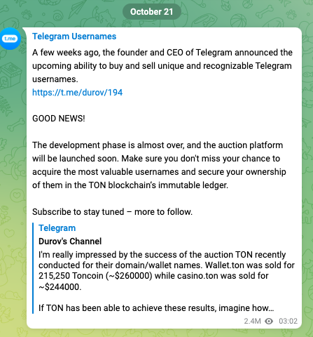 Telegram即将在TON链上推出用户名拍卖平台