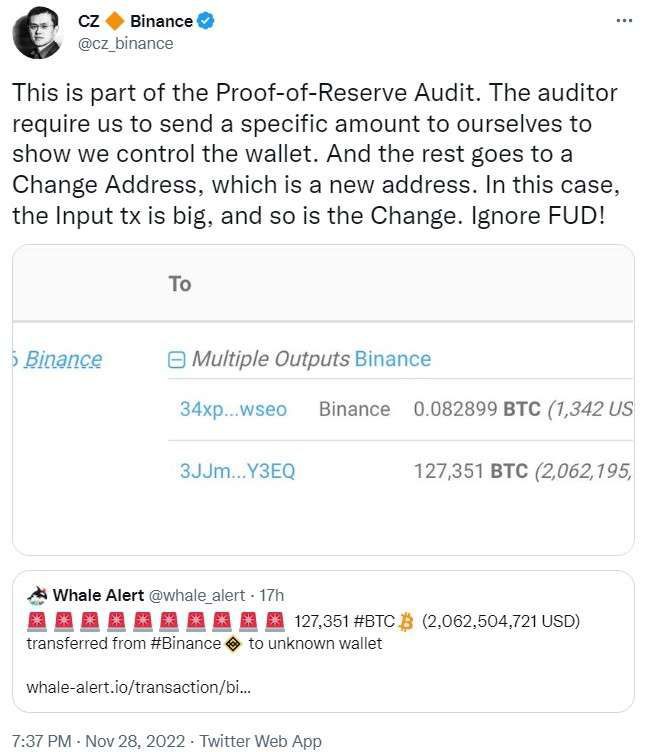 CZ:币安将在近日对所有冷钱包地址执行BTC大额转移操作