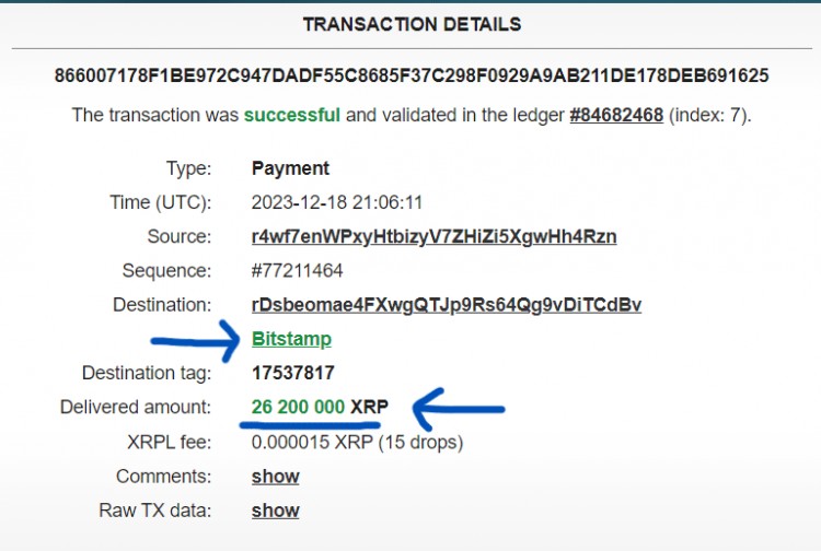 重大转账提醒：26,200,000 XRP从钱包地址转移到Bitstam