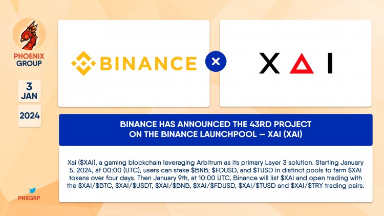 币安LAUNCHPOOL新增第43个项目XAI将在2024年1月5日开始种植代币XAI即将上线交易对