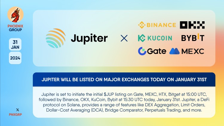 Jupiter（$JUP）将于今天在交易所上市，提供Solana上的DeFi协议。