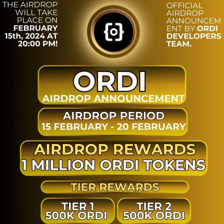 ORDI官方团队空投公告：100万枚代币，价值7000万美元！