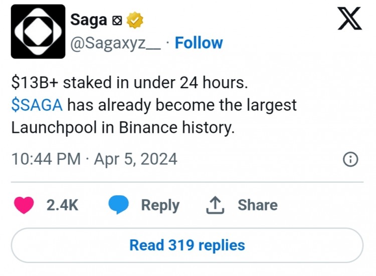 Saga 仅用 24 小时就成为币安历史上最大的 Launchpool