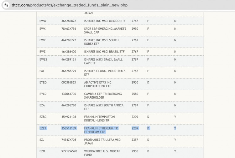 富兰克林邓普顿的以太坊ETF在DTCC上市不保证获得SEC批准