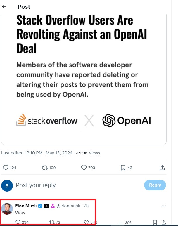 埃隆·马斯克 (Elon Musk) 对 Stack Overflow 用户抗议 OpenAI 交易的反抗做出了反应