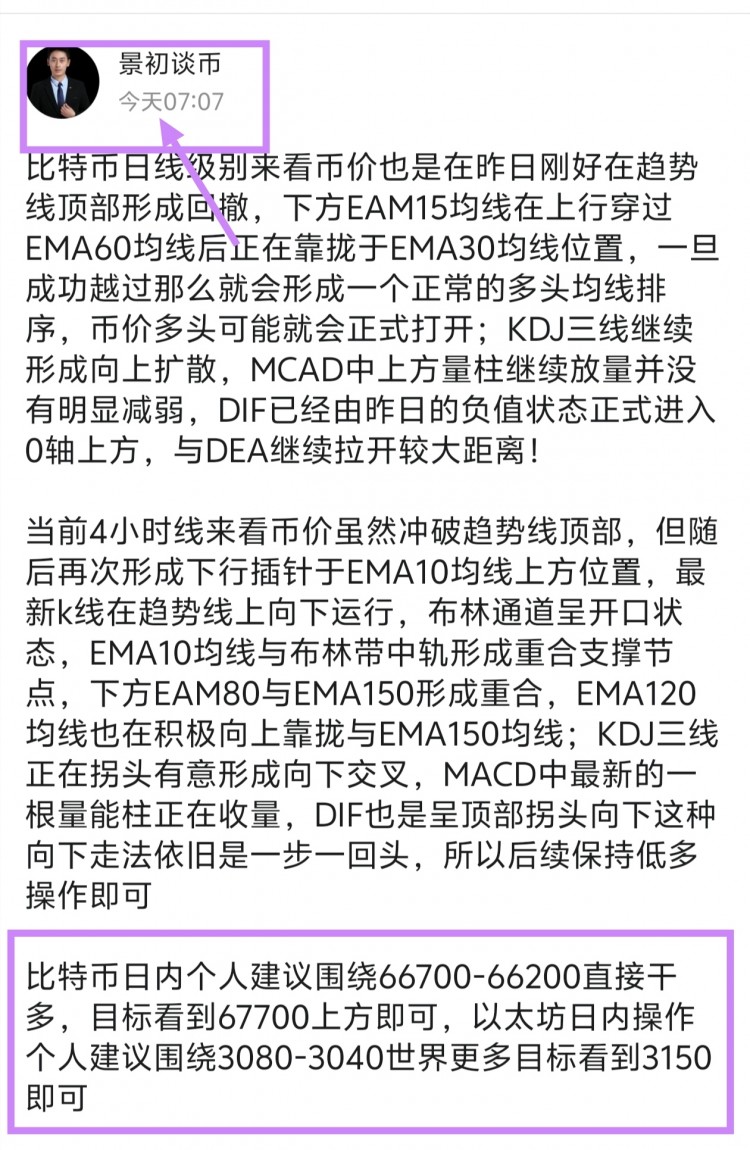 [景初谈币]MACD红色柱子变长，DIF线上穿DEA线，布林带开口扩大，市场预示多头趋势。