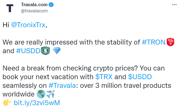 全球领先的区块链旅游服务平台Travala.com新增USDD为支付方式